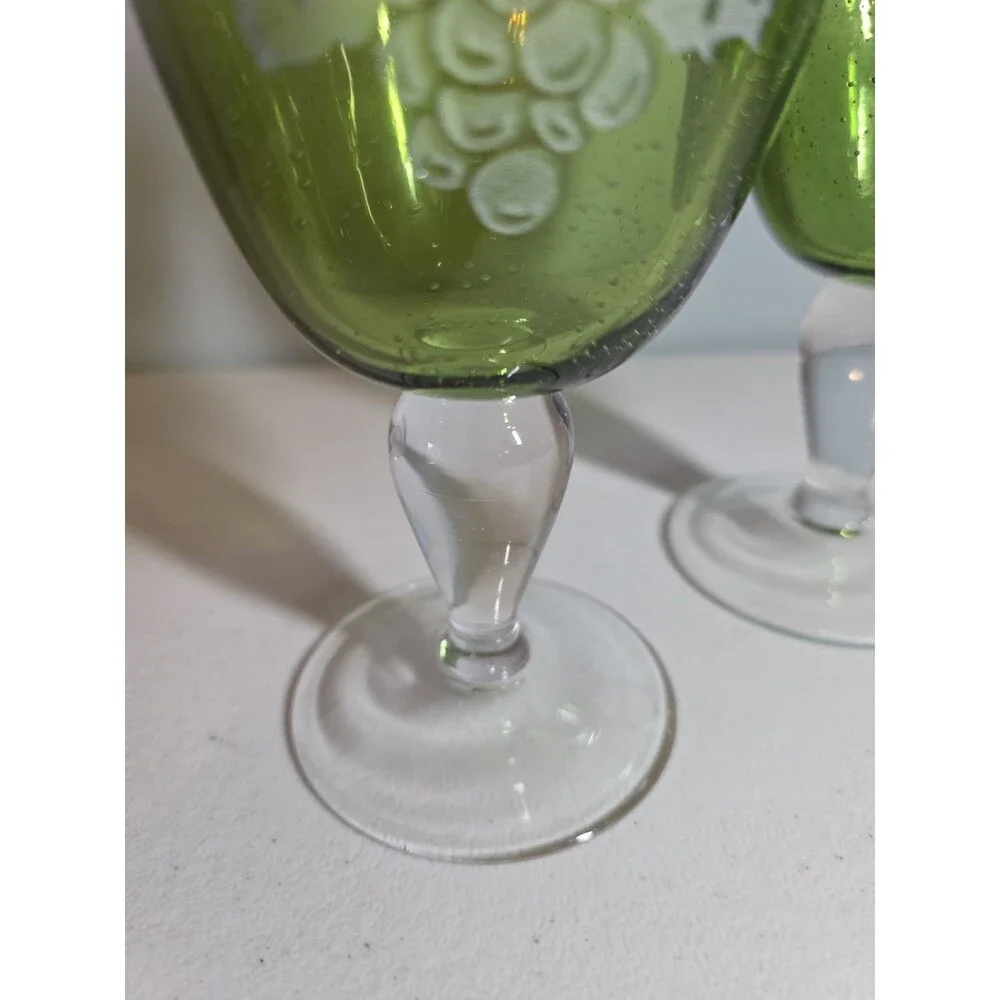 Block Basics Hand Made in Japan 2 Green Wine Glasses with Etched Grape Design